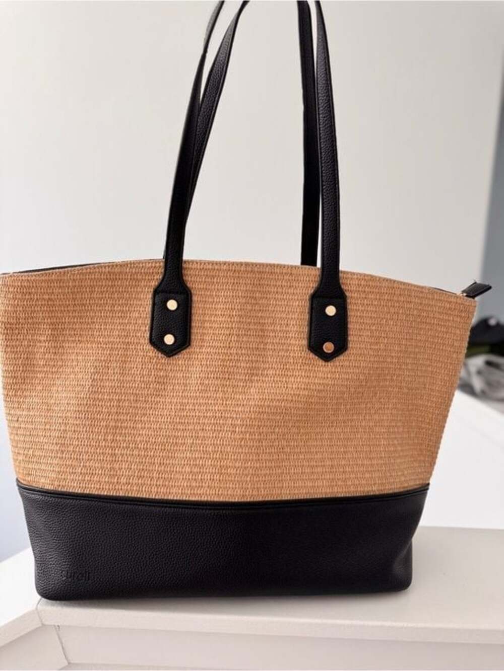 Surell Large Straw Tote Bag Black Vegan Leather Trim Zip Top Beach Travel